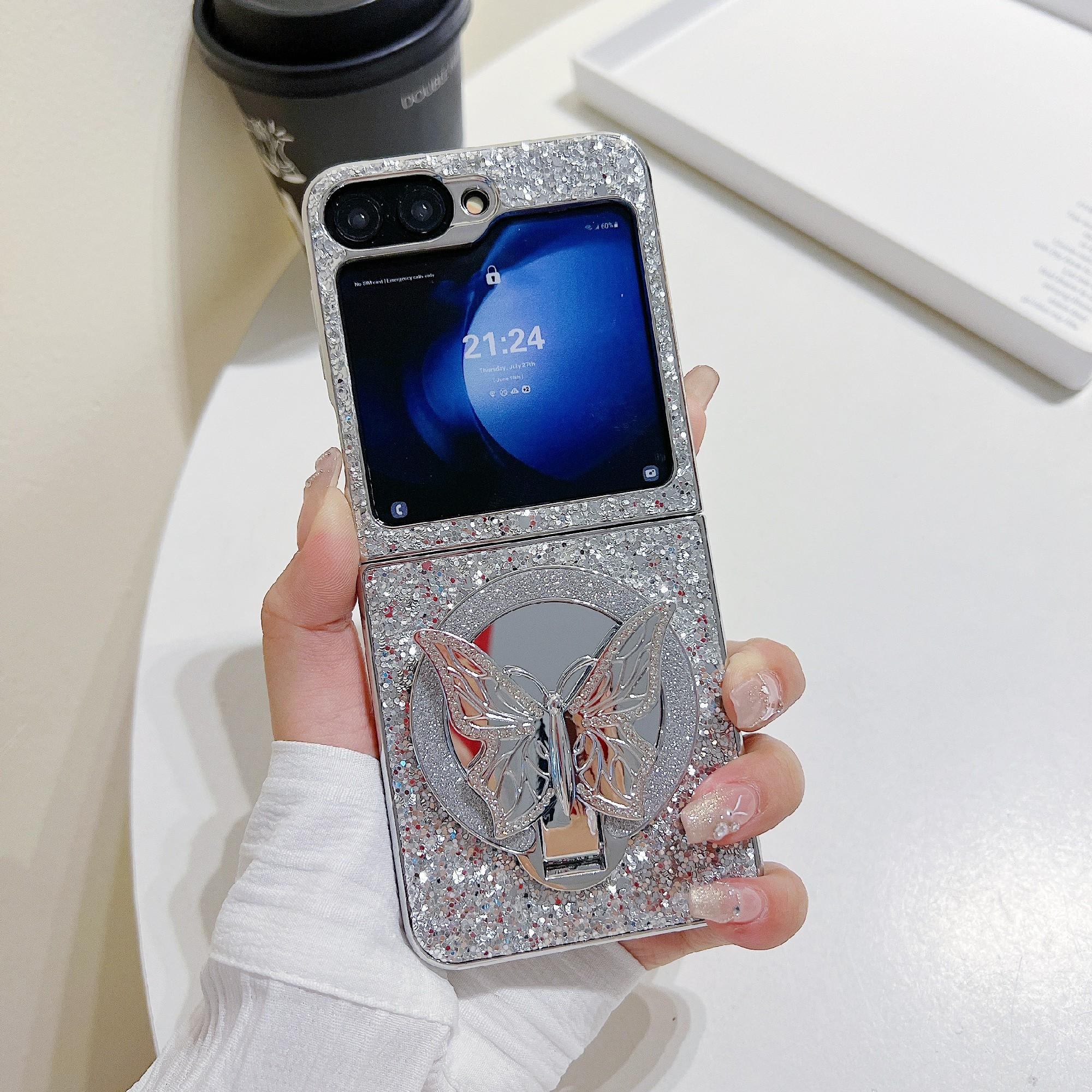 

For Samsung Galaxy Z Flip6 5G Case with Mirror Butterfly Kickstand Glitter TPU+PC Phone Cover Silver