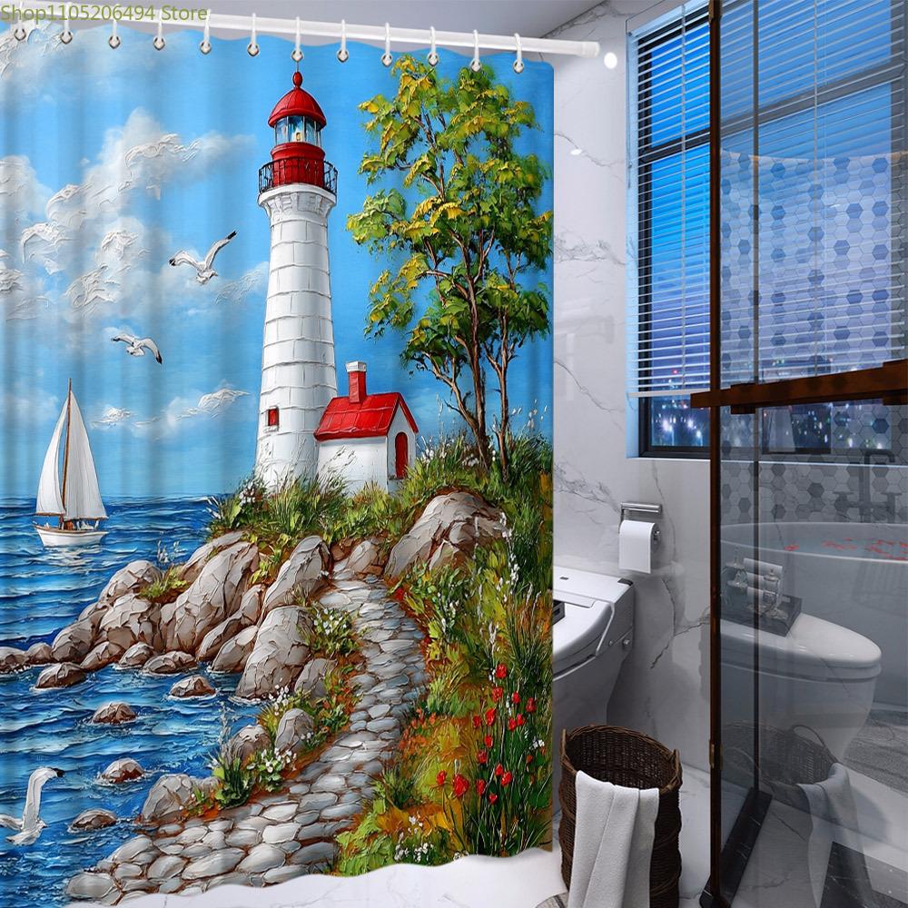 1pc Ocean Landscape Lighthouse Shower Curtain Polyester Fabric Bathroom Decor Beach Scene Sailboat and Seagulls Design Bath Tu