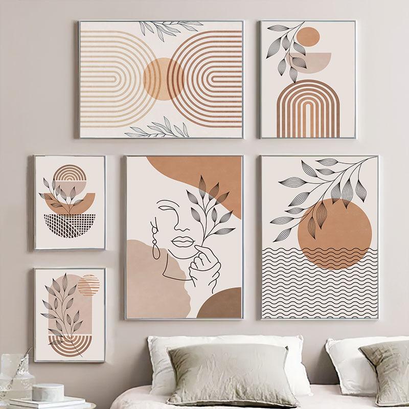 Abstract Girl Sun Lines Rainbow Leaf Wall Art Canvas Painting Boho Beige Posters Prints Pictures Living Room Interior Home Decor