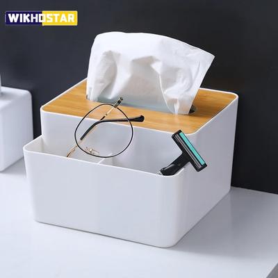 Scatola per fazzoletti di plastica Coperchio in legno Portatovaglioli rotondo/quadrato Contenitore per dispenser di carta velina bagnata Custodia moderna per auto domestica