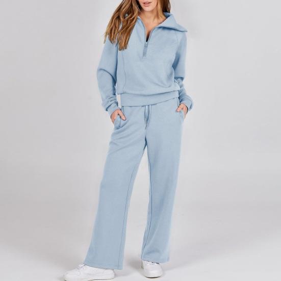 Damen Zweiteilige Outfits Herbst Casual Halber Reißverschluss Trainingsanzug Lounge Set Langarm Pullover Oberteil Und Weitbeinige Hose Trainingsanzug Sets