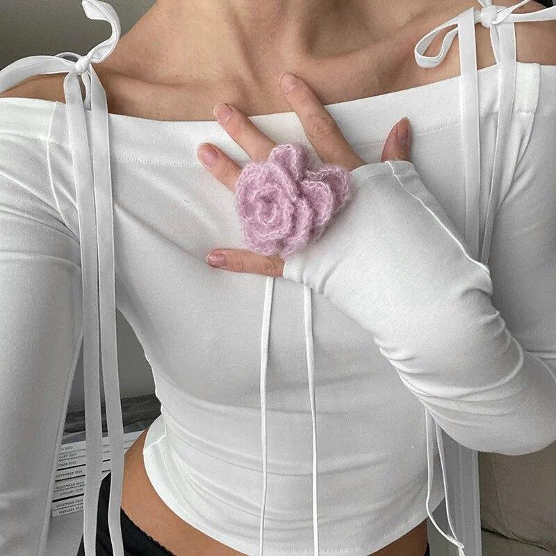 Off Shoulder Sexy Elegant Streetwear Tops Women Patchwork Bow Slim Vintage T-Shirt Female Lace Up Fashion Nightclub Y2K Clothes New