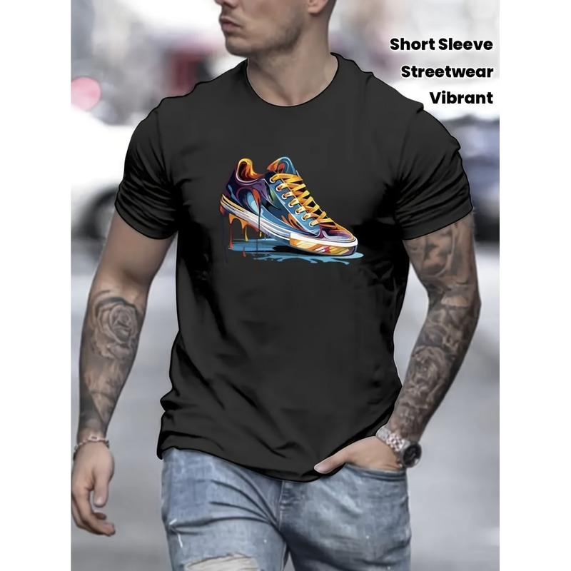Men's Plus Size Oversized 100% Cotton T-Shirt - Graffiti Sneaker Print Streetwear Tee with Sneaker Design, Short Sleeve Round Neck Casual Shirt,