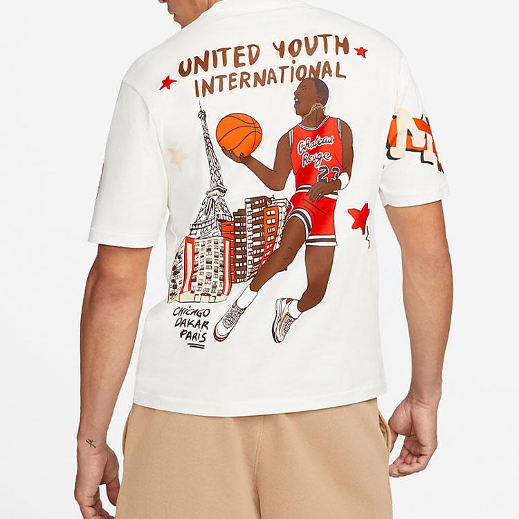 Jordan X Maison Chateau Rouge Joint Vintage Basketball Character Cartoon Print Short Sleeve T-Shirt Men Tops Sail-White DJ9767-133