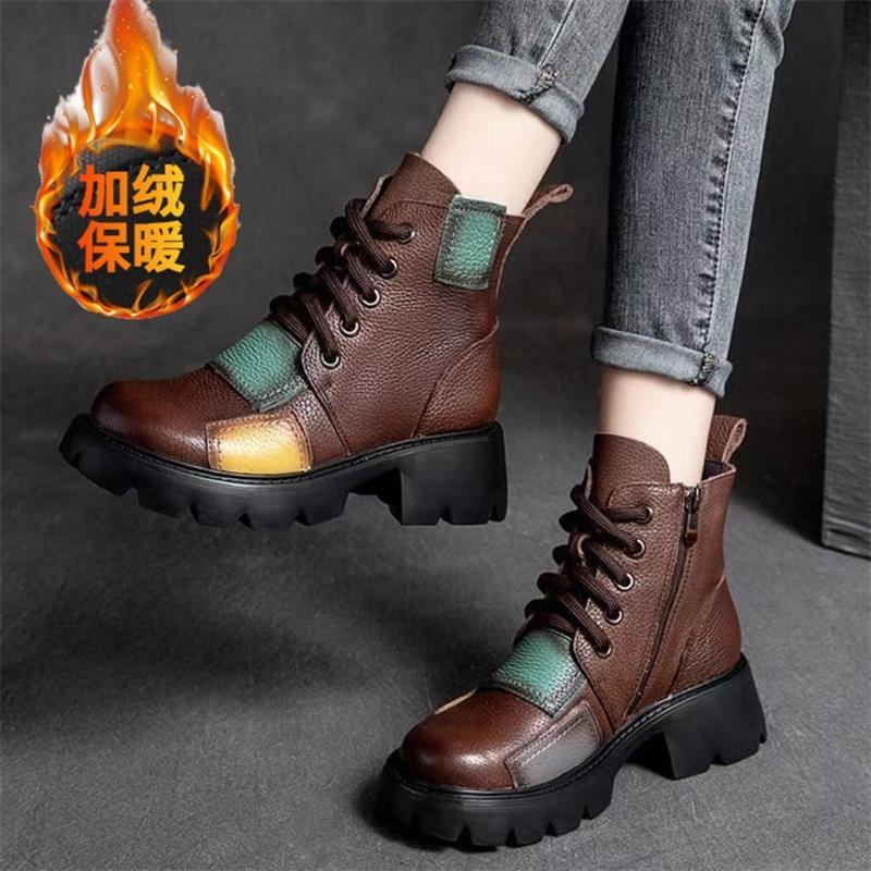 

Retro thick heel Martin boots women s autumn and winter new soft leather color matching short boots high heel waterproof table single boots 40