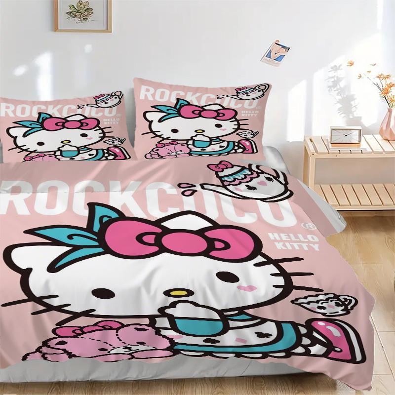 

3pcs Pink Kettle With Hello Kitty Design Pattern Bedding Three-Piece Set (1 Cover + 2 Pillowcases, No Fillings), This Printed Bedding Set Is 135x200cm