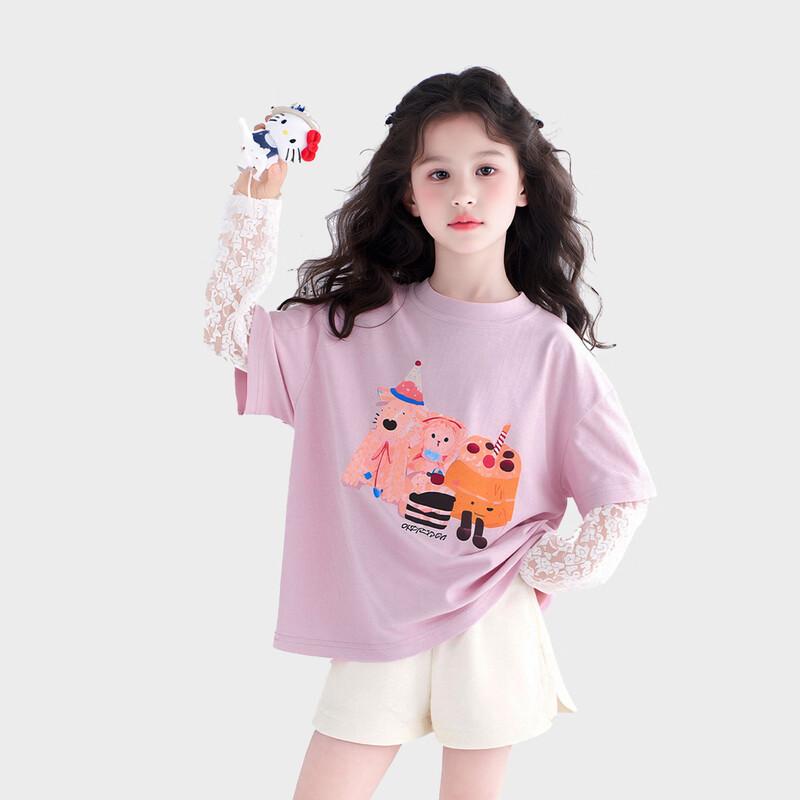 Girls' Cotton Long-Sleeve Lace Detail Faux-Layered T-Shirt