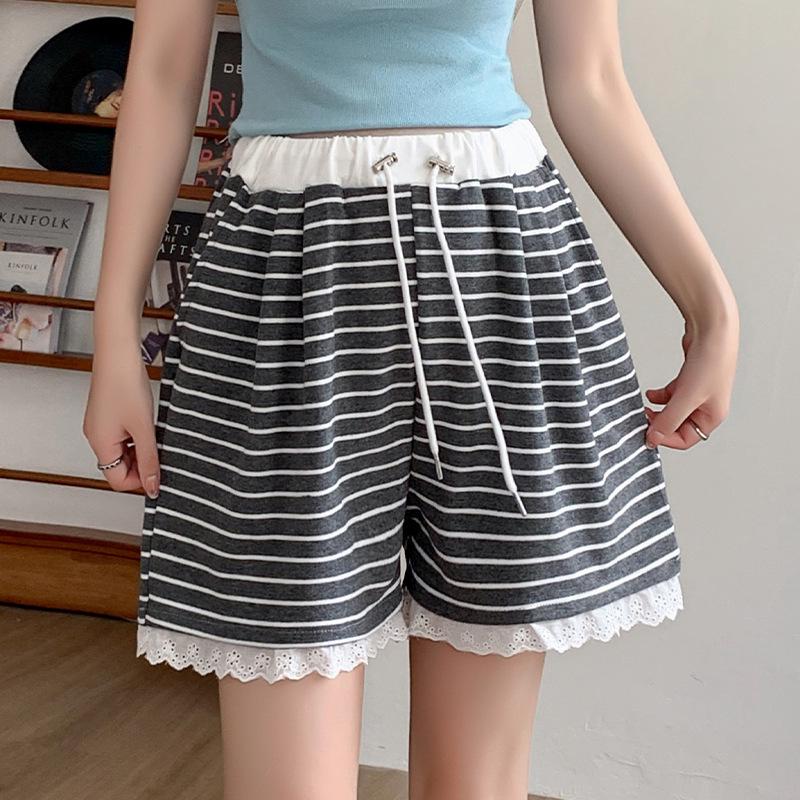 

2026 New Style Striped Maternity Shorts with Lace Trim for Petite Women – Casual Wide-Leg Summer Pants Without Belly Support XL