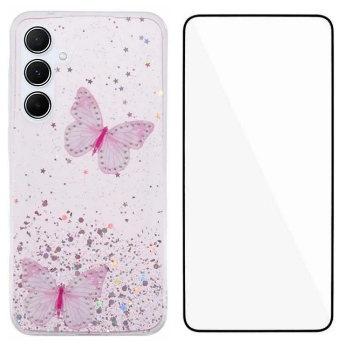 

For Samsung Galaxy A56 5G TPU Case WANLONFENG AW Series PVC Butterfly Epoxy Phone Cover with HD Film Pink