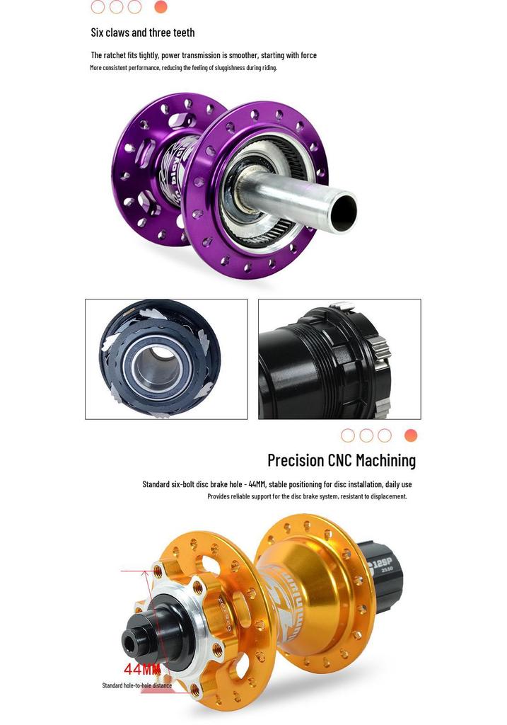 32-Hole Mountain Bike Rear Hub, Four-Bearing, Quick Release Thru-Axle, Six-Bolt Disc Brake, Six-Pawl Cassette Freehub