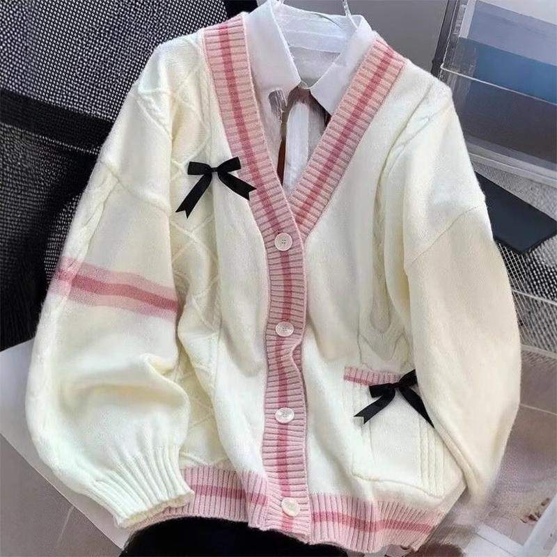 

Casual Sweet Bow Cardigan Woman Autumn Winter Japanese Classic Preppy Style Knitted Coats Y2K Vintage Contrast Color V-Neck Tops XXL бежевий