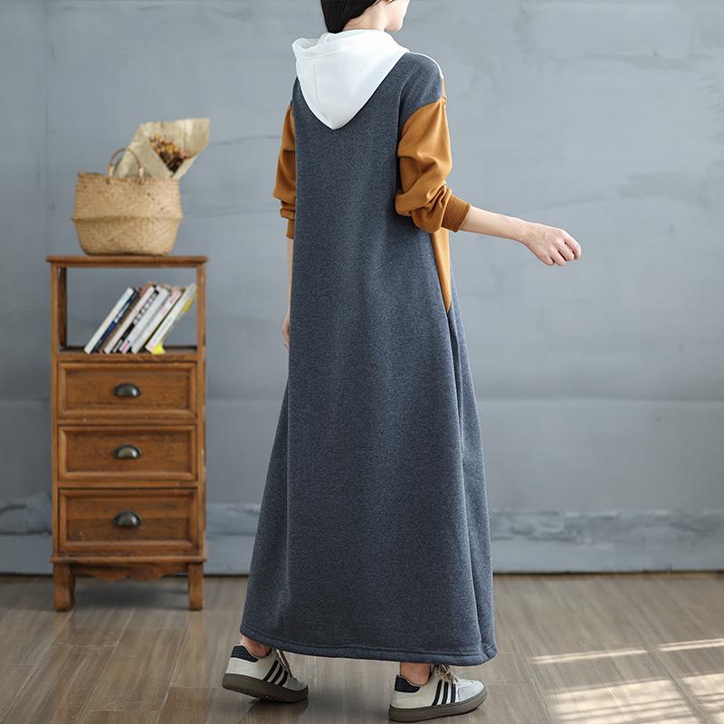 DIMANAF 2025 Dámské jarní šaty plus size Volné Nové Dámské Dlouhé šaty Vintage Maxi šaty Dlouhý rukáv S kapucí Ležérní