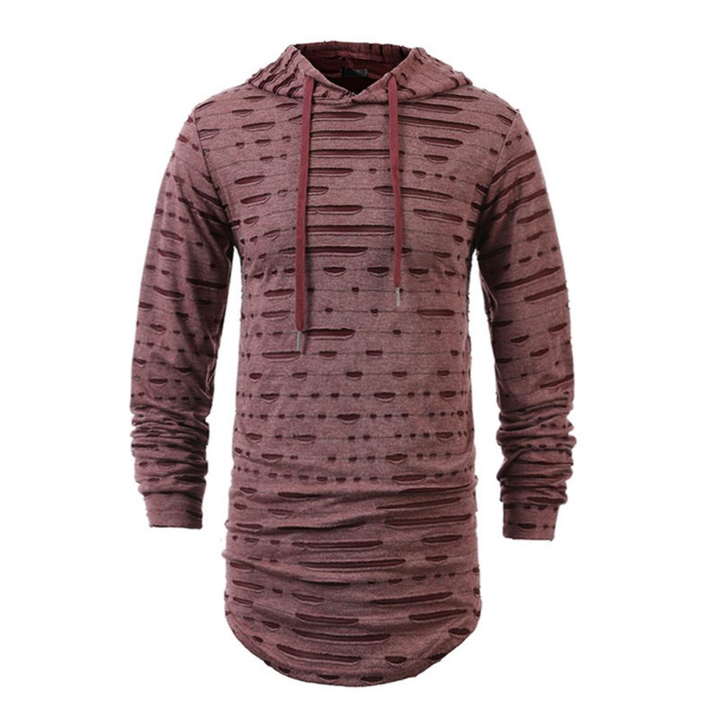 Men's Casual Solid Color Fashionable And Individual Ripped Sweatshirt Men's Mid-length Hooded Sporty Long-sleeved Pullover Top