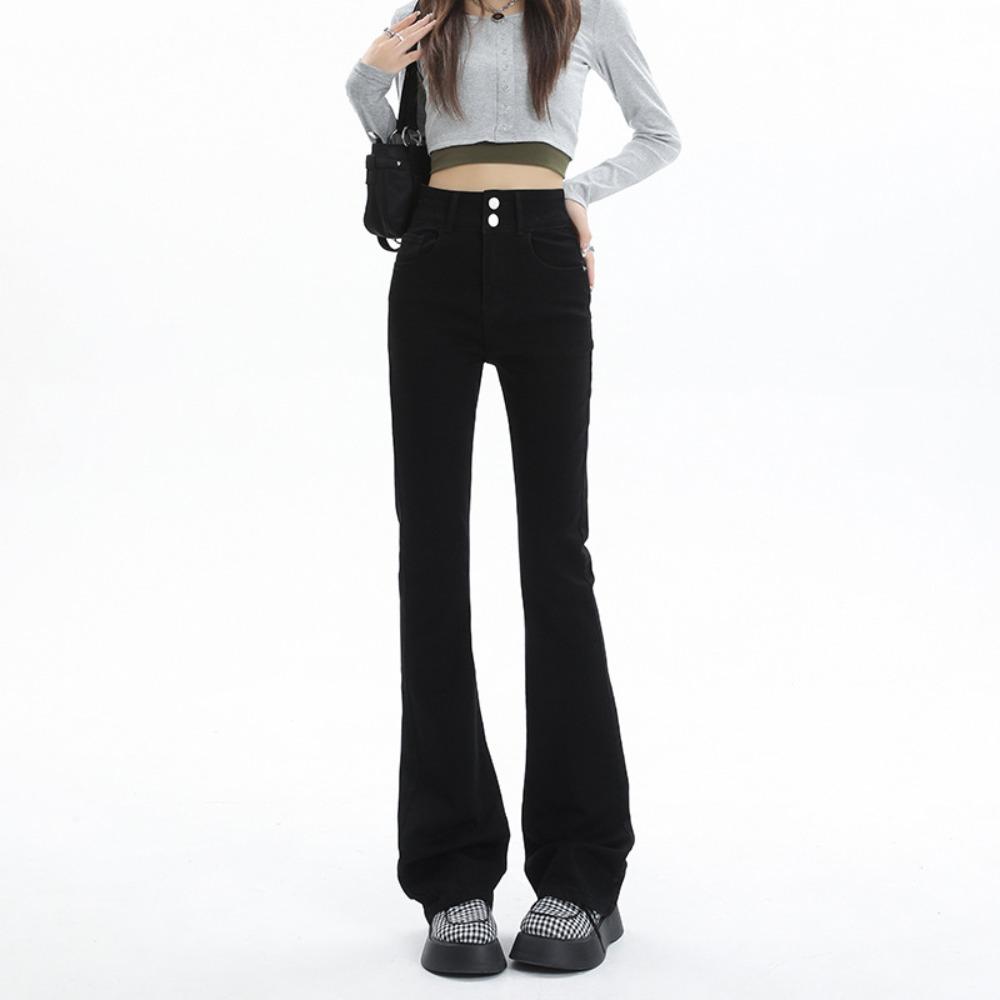 Korean version of double-buckle micro-flared jeans, new high-waisted and thin pear-shaped jeans in spring and autumn