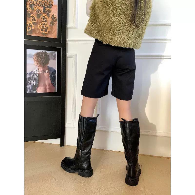 Washed horse leather~ leather tall boots long boots women's autumn and winter fat mm thick legs heightened thick-soled black knight boots