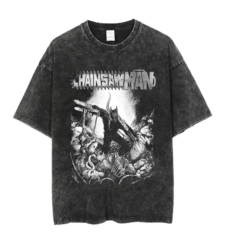 Vintage Washed Tshirts Chainsaw Man Anime T Shirt for Men Women Harajuku Oversize Tee Cotton Fashion Streetwear Unisex Tops