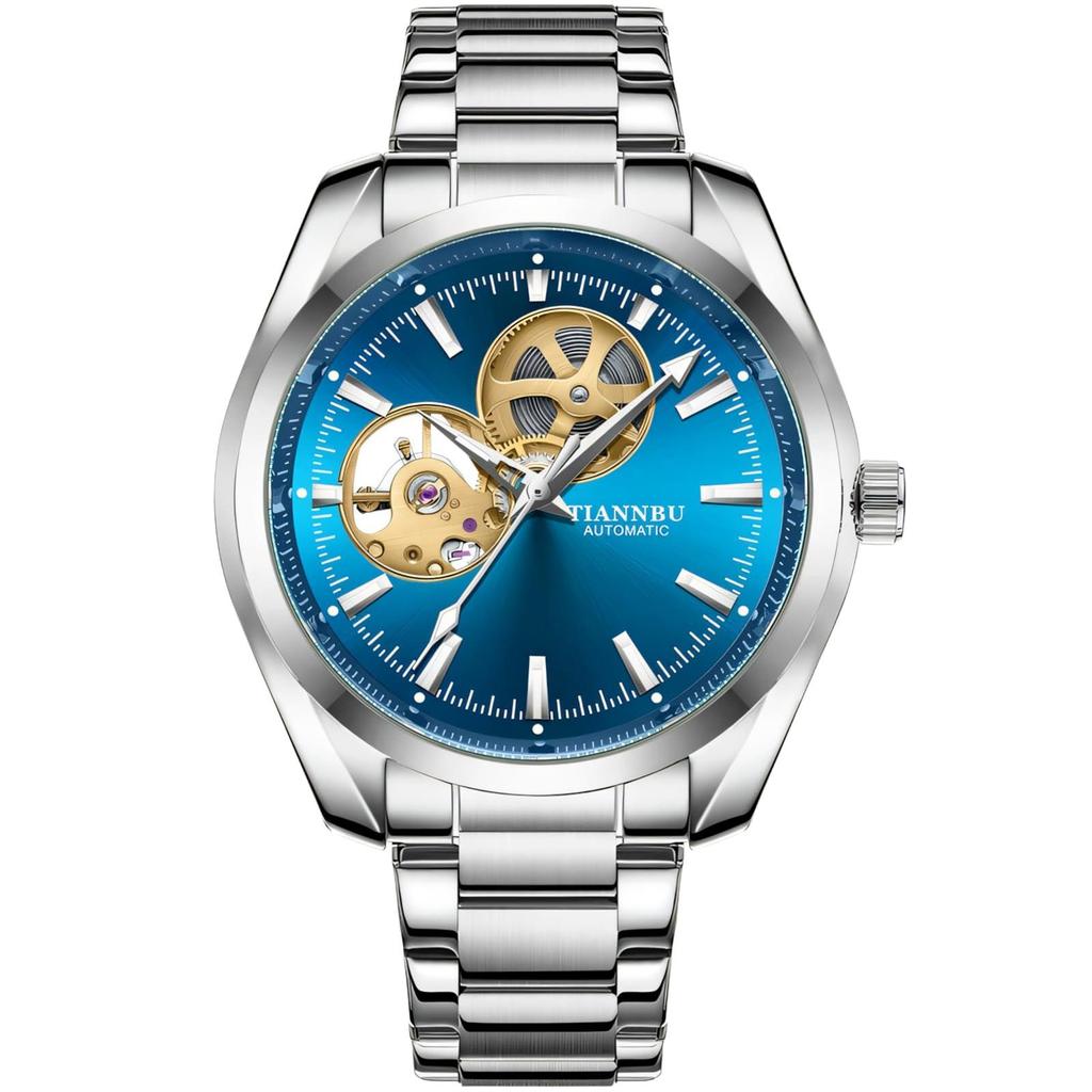 Gold Automatic Mechanical Watch for Men Luxury Skeleton Stainless Steel Waterproof Luminous Business Dress Wristwatch