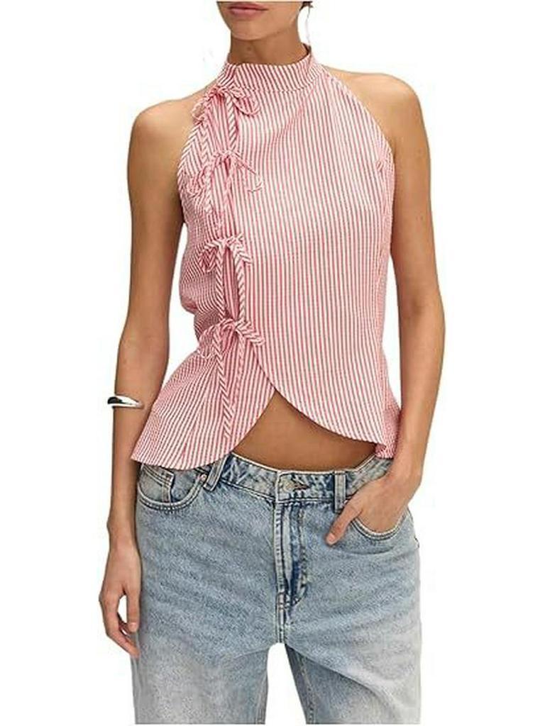 European & American Women's Asymmetrical Hem Striped Front-Tie Strapless Backless Tank Top