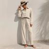 Womens 2026 Solid Color Turn-Down Collar Long Sleeve Shirt Elastic Waist Tie-Front Casual Pant Set