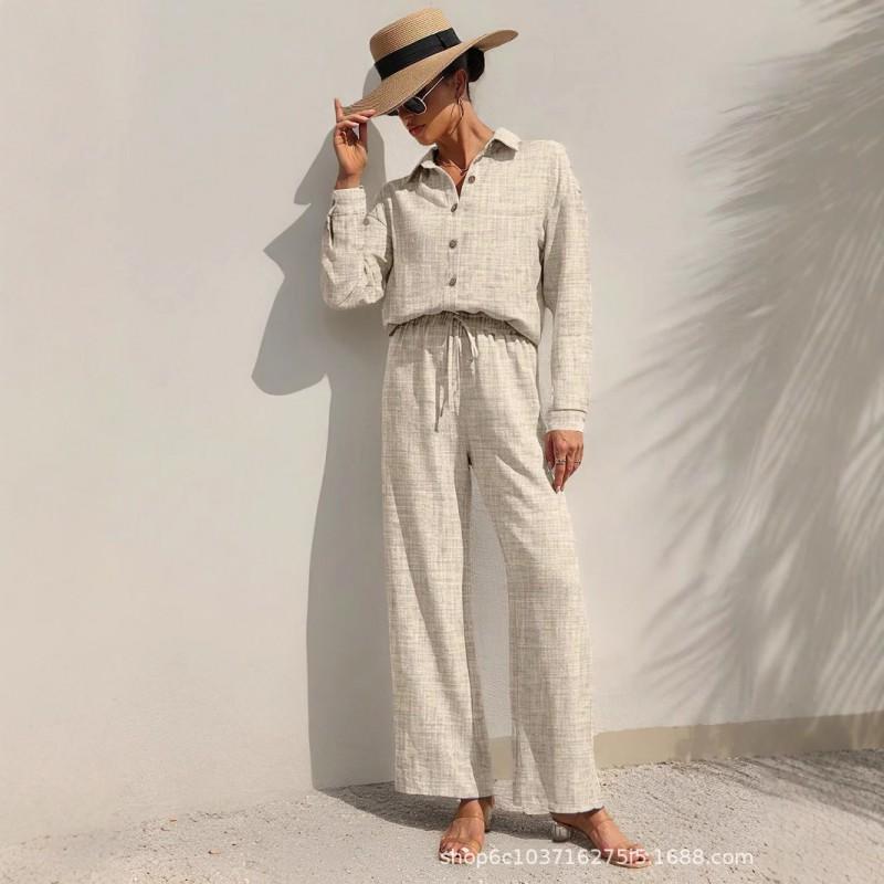 Womens 2026 Solid Color Turn-Down Collar Long Sleeve Shirt Elastic Waist Tie-Front Casual Pant Set