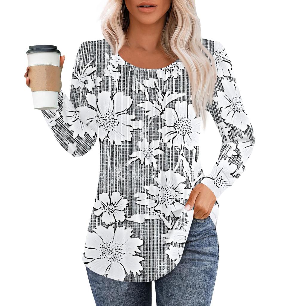Damenmode Lässig Plissiert Rundhals Vintage Blumendruck Langarm T-Shirt Top
