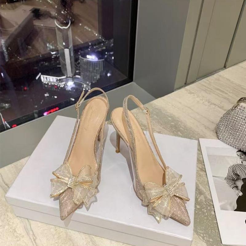 

Мода Высокие Каблуки Женская Обувь Сандалии Женские Лето 2025 Тонкий Прозрачный Острый Носок Открытый Серебристый Бант Комфорт 39 шампанского