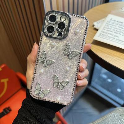 Rhinestone Butterfly Pearl Mobile Phone Case Is Suitable For Apple 17Promax Epoxy Glitter Iphone16 Fine Hole Anti-Drop Women