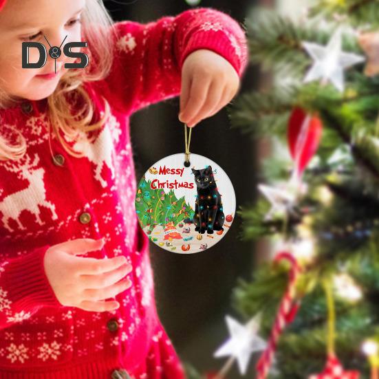 Christmas Cat Pendant Cartoon Cat with Santa Hat Ornament 2D Flat Acrylic Christmas Tree Decoration Cat Keepsake for Home Car Tree Decor