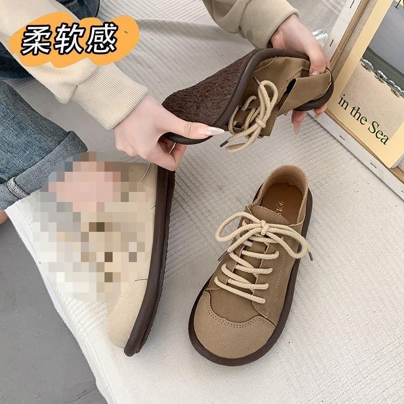 Maillard retro leather shoes women's new soft-soled lace-up casual splicing retro single shoes