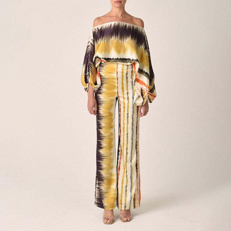 European & American Women's Print Top & Wide-Leg Pants Set with Batwing Sleeves