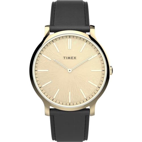 

Timex Men s Gallary 40mm Watch, Black/Champagne/Gold Tone. One Size, 40mm Gallery 3-Hand Leather Strap Watch.