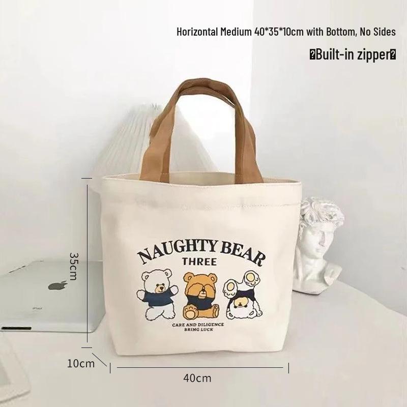 Three Bears Zippered Canvas Tote: Student and Work Portable Book Bag with Creative Design Customization