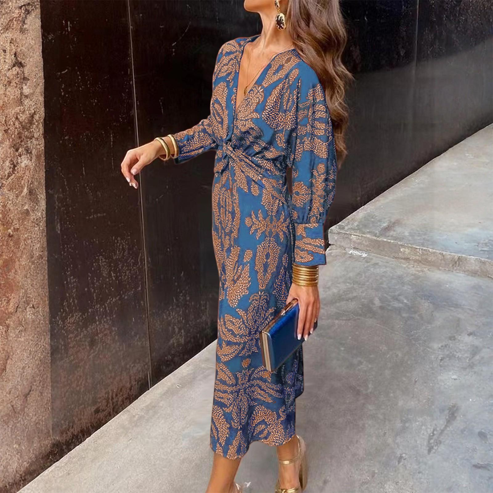 

Женское Свободное Удобное Модное Повседневное Платье с Длинным Рукавом и Длинное Платье с V-образным Вырезом с Цветочным Принтом XL темно-синий