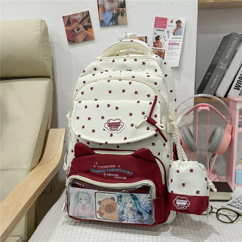 Cute Star Heart Print Large Capacity School Backpack with Transparent Pocket for Students красный