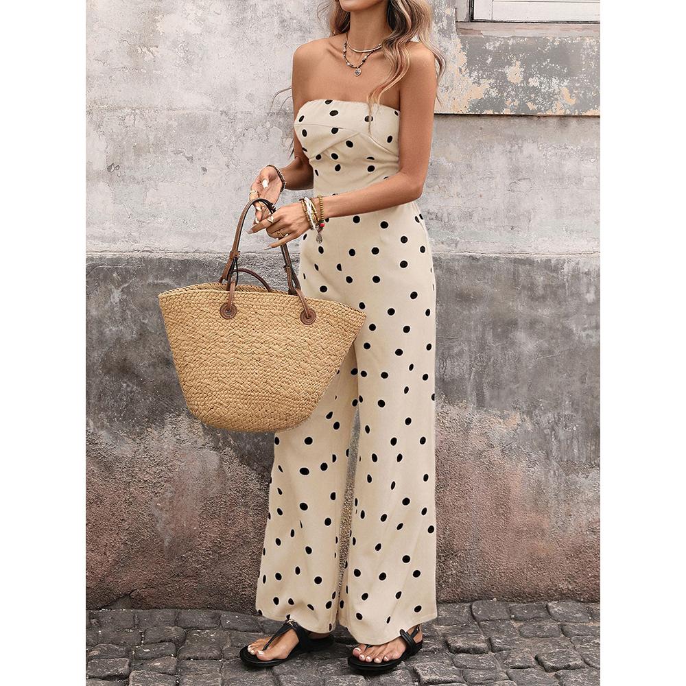 Womens Sexy Jumpsuits Polka Dot Tube Top Wide Leg Pants Vacation Jumpsuits Going Out