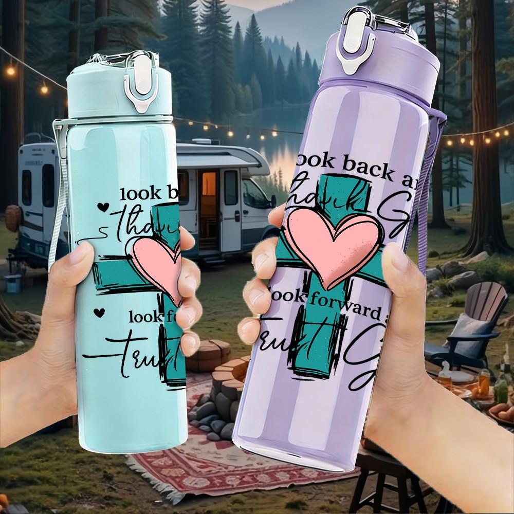 1PC Christian Cross Floral Letter Print 750ml Color Plastic Sports Water Bottle Leakproof Flip Straw Lid Suitable for Sports Office Home Use
