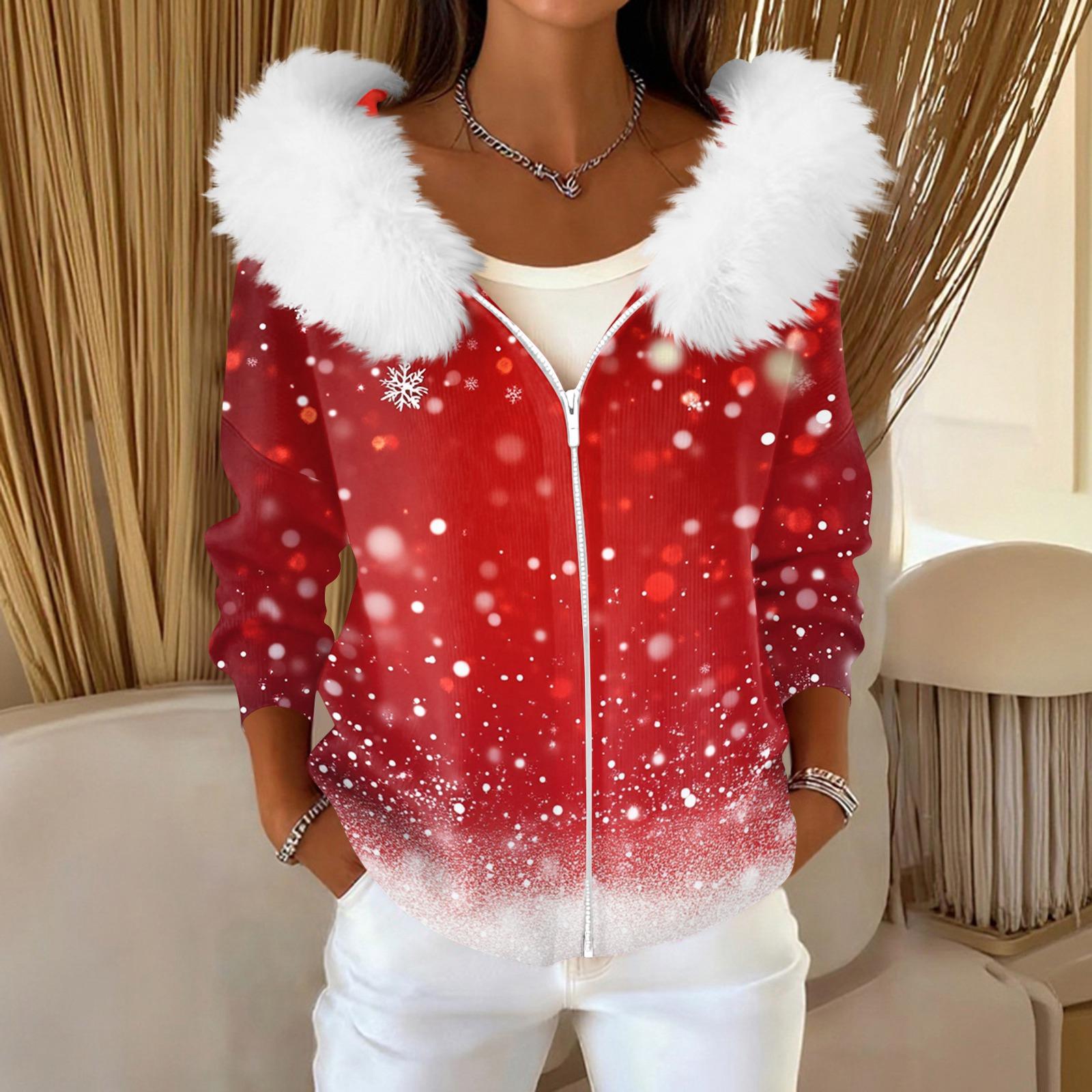 

Женский модный повседневный свитер на молнии с принтом, кардиган, плюшевая куртка с капюшоном S красный