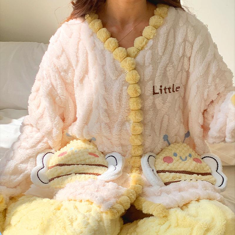 Sweet Cute Pajama Set Coral Fleece Warm Nightwear Winter Flannel Pijama Cardigan Sleepwear Loose Casual Home Clothes Loungewear