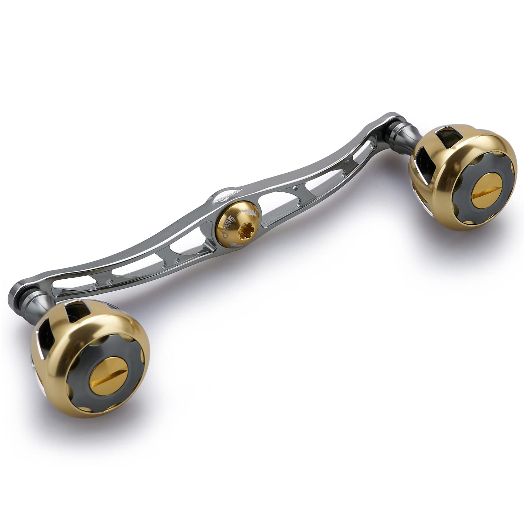 

HEIGHTEN Reel Handle with 32mm Compatible with and Abu Garcia Baitcasting Wheel Series 130/120mm Knob, Shimano, Daiwa, Reels, (Gunmetal & Gold) (530)