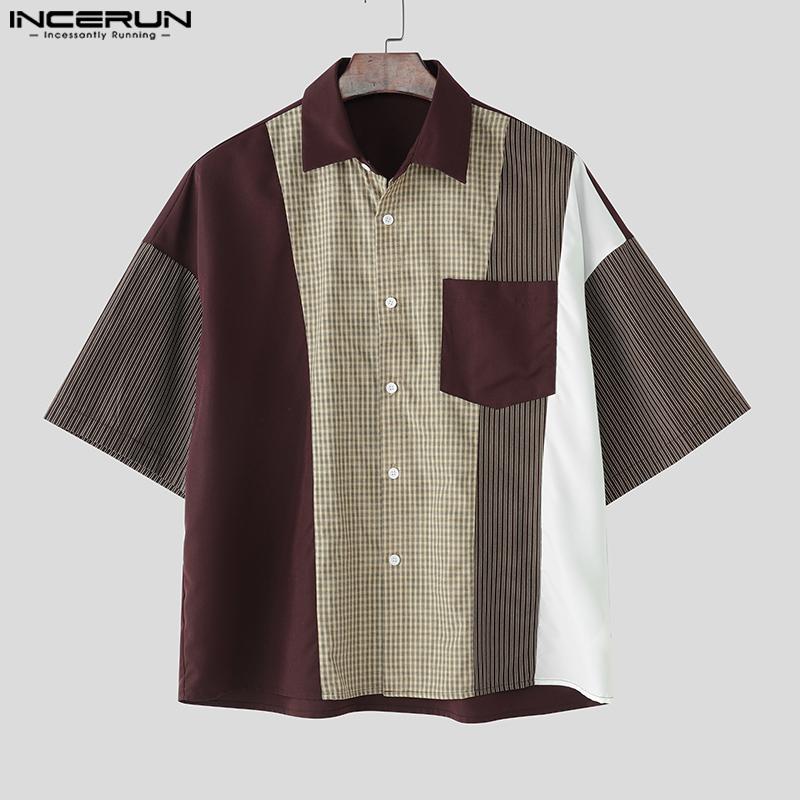 INCERUN Oversized Men Lapel Neck Short Sleeve Buttons Patchwork Casual Loose Shirts