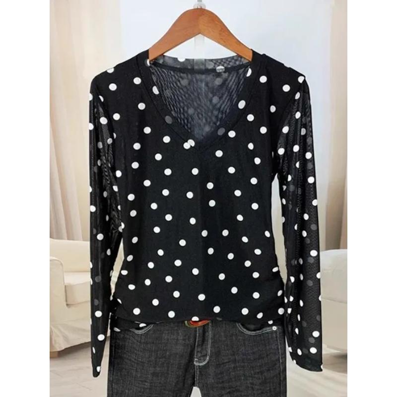 

New V-neck White Polka-dot Double Layer Mesh Long-sleeved T-shirt Fashionable Mother s Slim Thin Top L чорний