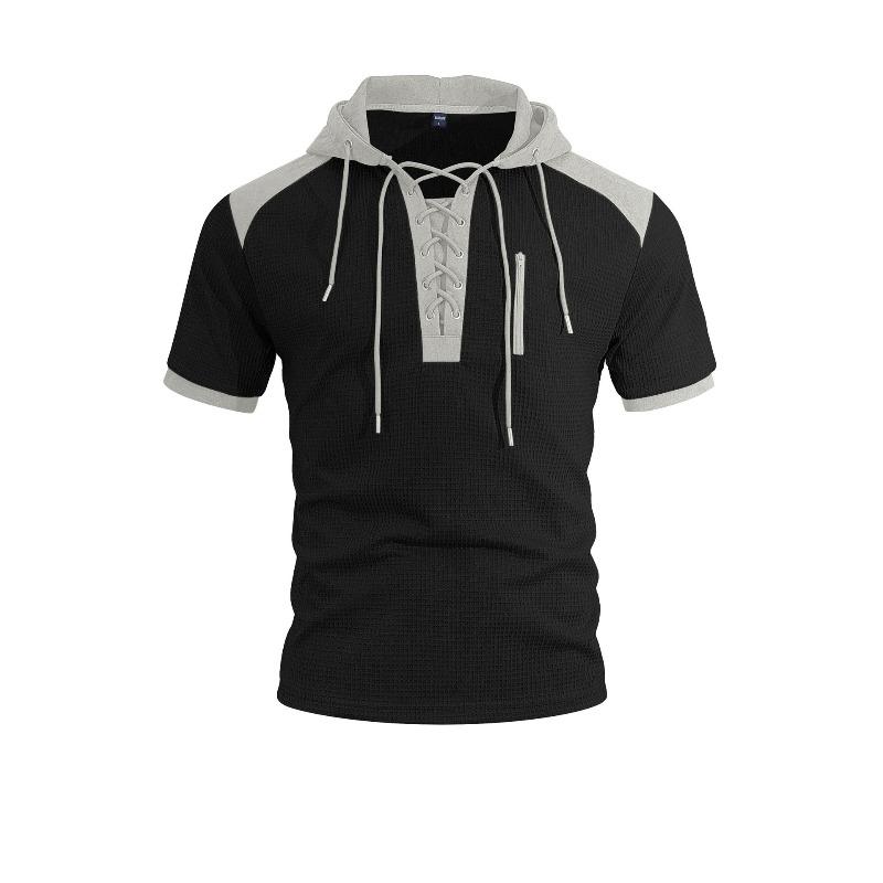 Men's Short Sleeve Hooded T-Shirt, Color Block Side Strap Athletic Tee, Casual Workout Gym Top for Men