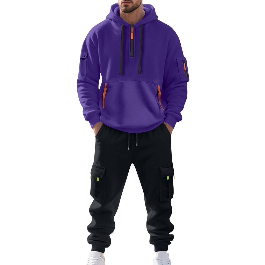 Men's Solid Color Casual Suit Loose Sports Hooded Sweatshirt With Pockets Multi Pocket Overalls Suit