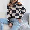 Suéter Casual de Mujer a Cuadros con Bloques de Color, Hombros Descubiertos, Mangas Largas de Linterna
