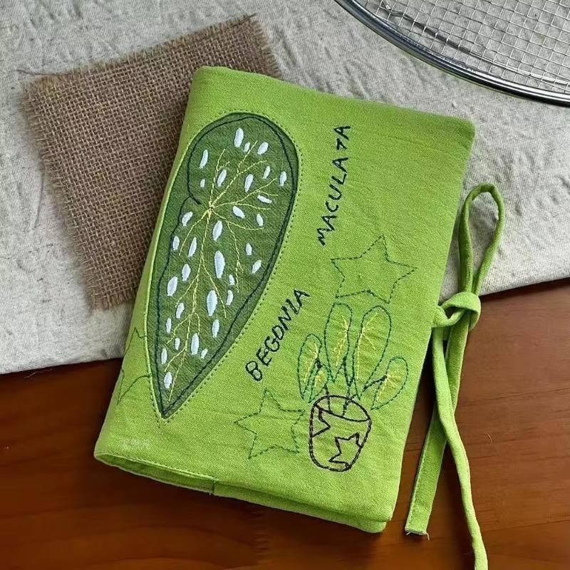 Hand-Stitched Applique Linen Book Sleeve, Begonia Maculata Embroidery A6 Journal Cover, Tie Strap Notebook Protector