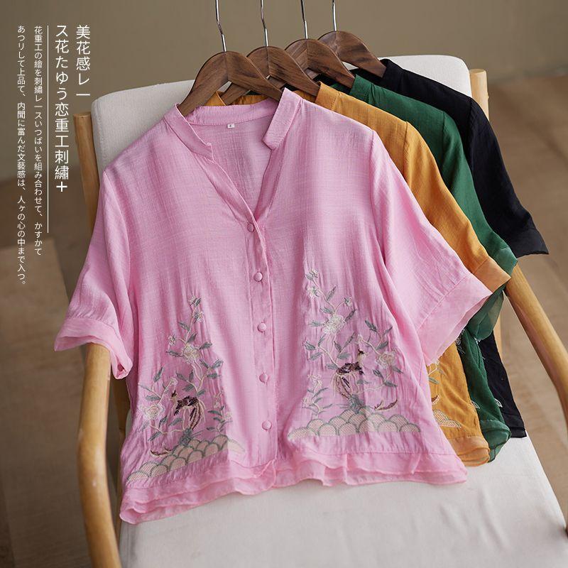 Summer New Cotton and Linen Shirt Short-sleeved Retro Embroidered V-neck Loose and Thin Top Women's Clothing