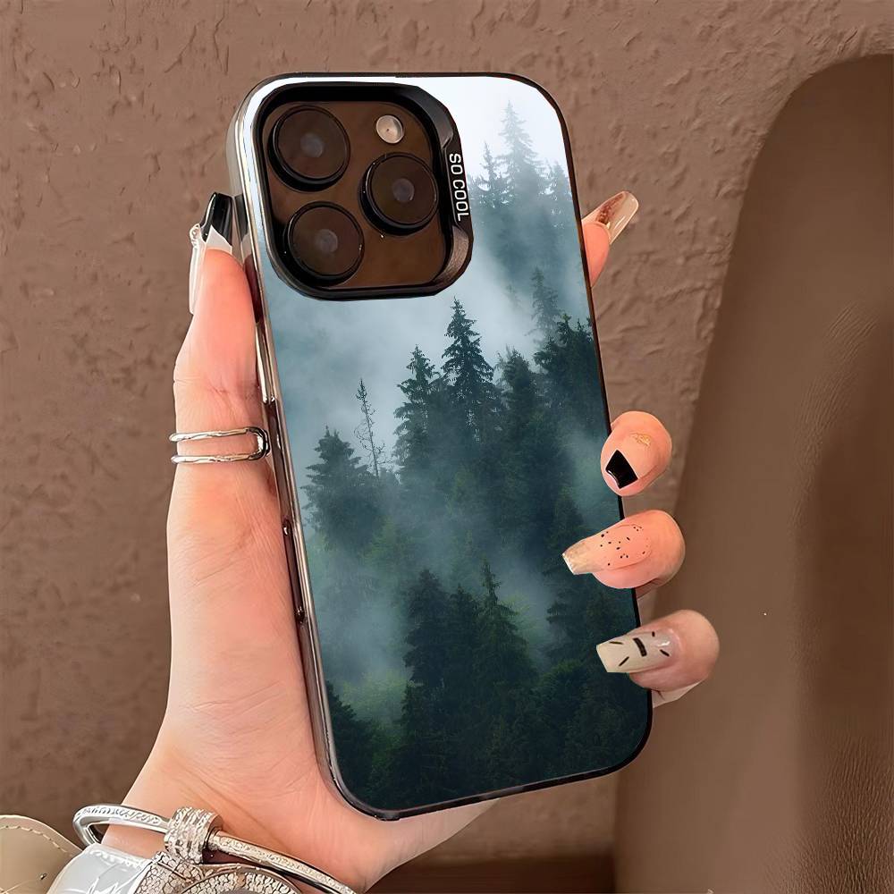 Mountain Misty Forest Phone Case for iPhone 17 17Air 16 15 14 13 12 11 Pro Max Plus Colorful Silver