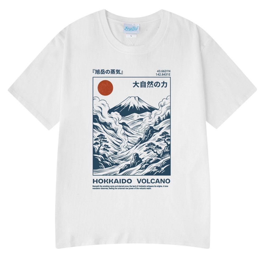Hokkaido Volcano Illustration T-shirt Retro Okiyo-e Style Japanese Mountain Art TShirt Unisex Short Sleeve Cotton Casual Streetwear