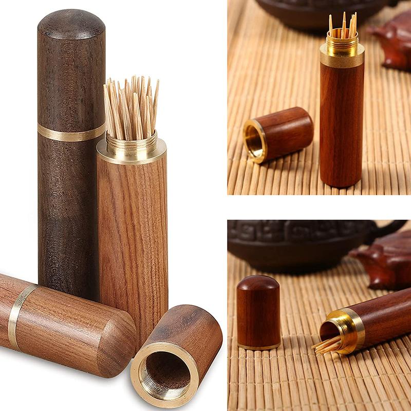Wooden Toothpick Holder Pearwood Wood Capsule Bucket Box Hiking Portable Toothpick Needle Case Handmade Ebony Storage Box
