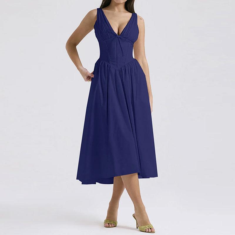 2026 Spring European & American Women s Solid V-neck Mid-length Dress L